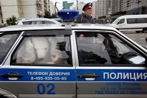 A Greenpeace activist dressed up as a polar bear is arrested and taken away to the police station.